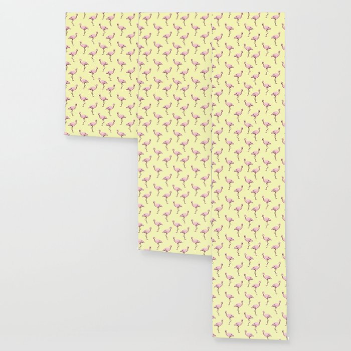 Flamingos In Flamingo Pink On Pale Yellow Wallpaper By Flamingos In Flamingo Pink On Pale Yellow Wallpaper