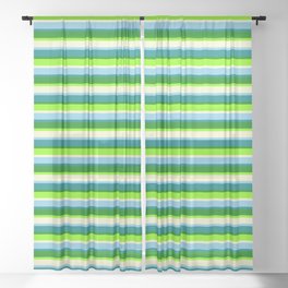 [ Thumbnail: Vibrant Chartreuse, Light Yellow, Sky Blue, Teal, and Green Colored Lined Pattern Sheer Curtain ]