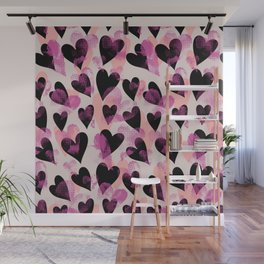 Peach Pink Black And Beige Heart Stamped Valentines Day Anniversary Pattern Wall Mural