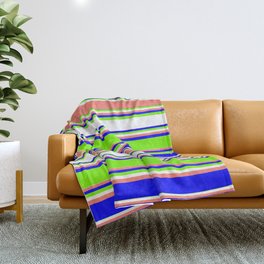 [ Thumbnail: Blue, Green, White, and Salmon Colored Lined Pattern Throw Blanket ]