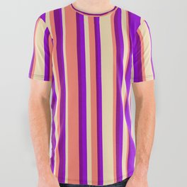 [ Thumbnail: Tan, Dark Violet, Purple, and Salmon Colored Striped Pattern All Over Graphic Tee ]