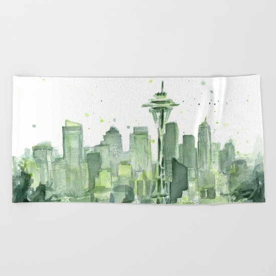 Seattle Watercolor Painting Beach Towel