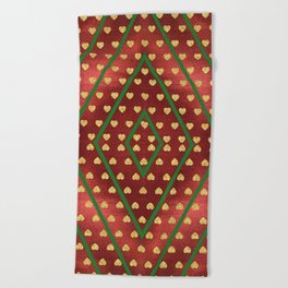 Gold Hearts on a Red Shiny Background with Green Diamond Lines Beach Towel