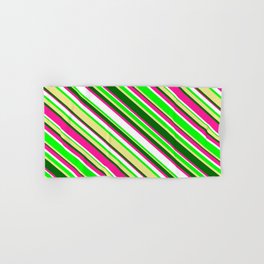 [ Thumbnail: Eye-catching Deep Pink, White, Lime, Tan & Dark Green Colored Lined/Striped Pattern Hand & Bath Towel ]