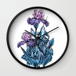 Calming picture, blue decorative cockerel fish, purple iris flowers illustration Wall Clock