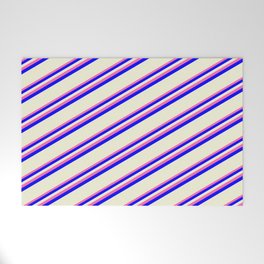 [ Thumbnail: Hot Pink, Blue, and Beige Colored Striped Pattern Welcome Mat ]