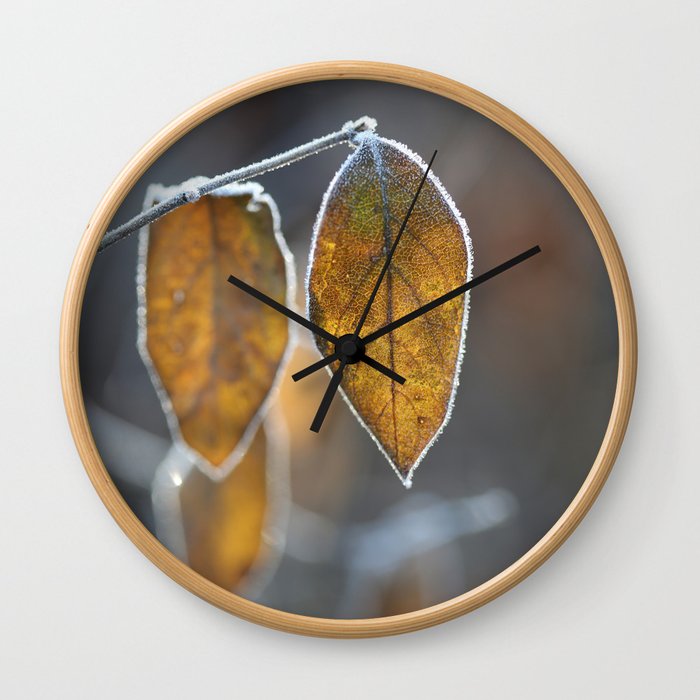 Mustard Yellow and Brown Fall Leaves on Gray Wall Clock