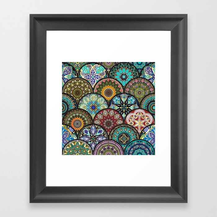 Colorful floral seamless pattern from circles with mandala in patchwork boho chic style Framed Art Print