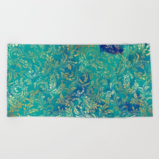 Blue Gold Swirls Beach Towel