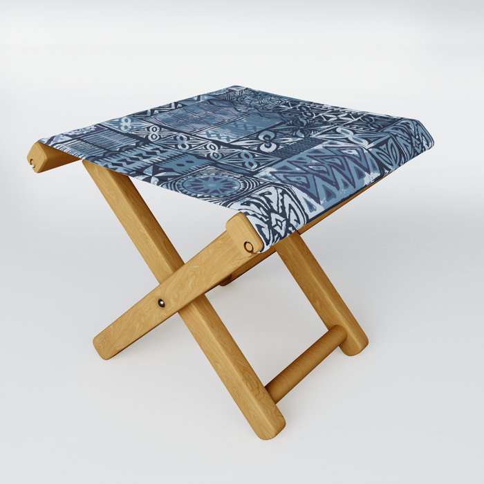 Hawaiian style blue tapa tribal fabric abstract patchwork vintage vintage pattern Folding Stool