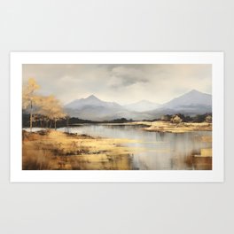 Golden Leaf Trees and Mountain Views Landscape Art Print