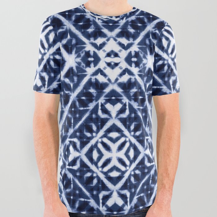 Baroque tie dye of white and indigo blue squares All Over Graphic Tee