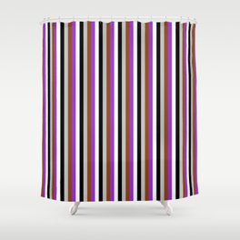 [ Thumbnail: Eyecatching Grey, Brown, Dark Orchid, White & Black Colored Striped Pattern Shower Curtain ]