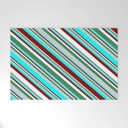 [ Thumbnail: Eyecatching Sea Green, Light Grey, Cyan, Dark Red, and White Colored Lines Pattern Welcome Mat ]