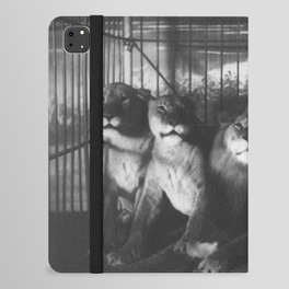 Adjie and the lions; Victorian woman in a cage with lions black and white photograph - photography - photographs iPad Folio Case