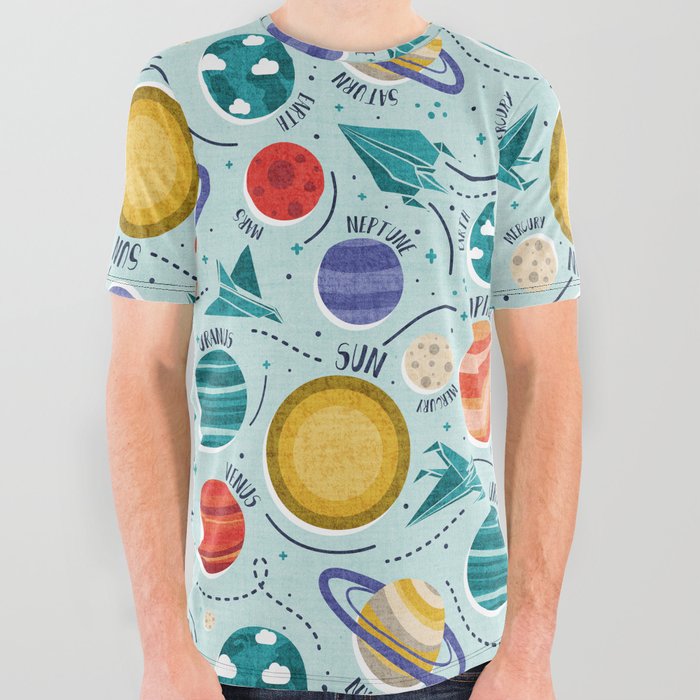 Paper space adventure I // aqua background multicoloured solar system paper cut planets origami paper spaceships and rockets All Over Graphic Tee