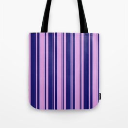 [ Thumbnail: Midnight Blue and Plum Colored Striped/Lined Pattern Tote Bag ]