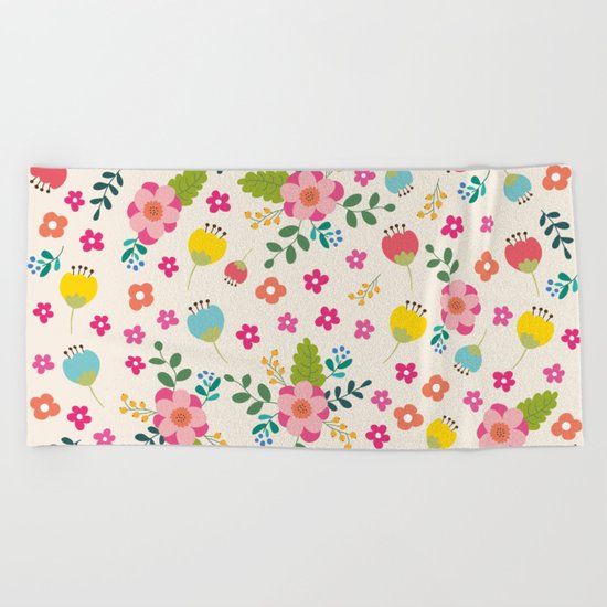 Cute Pastel Spring Flower Pattern Beach Towel