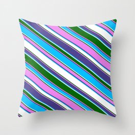 [ Thumbnail: Eyecatching Dark Slate Blue, Deep Sky Blue, White, Dark Green, and Violet Colored Pattern of Stripes Throw Pillow ]