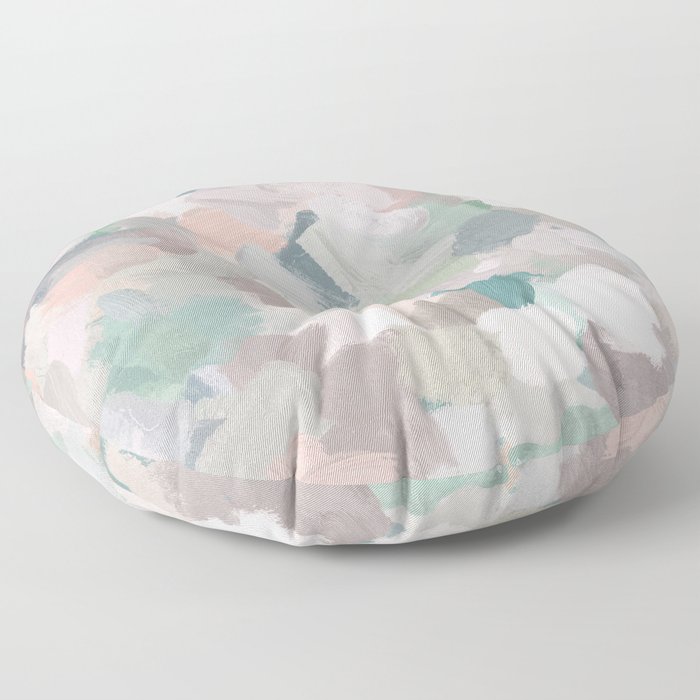 Fuzzy Flowers I - Mint Seafoam Green Dusty Rose Blush Pink Abstract Nature Spring Painting Print Floor Pillow