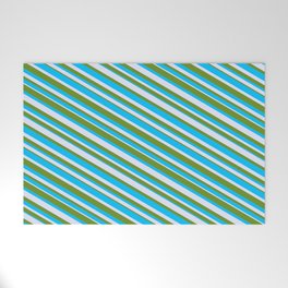 [ Thumbnail: Deep Sky Blue, Lavender, and Green Colored Lined Pattern Welcome Mat ]