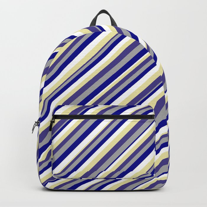 Vibrant Dark Slate Blue, Dark Gray, Dark Blue, White, and Pale Goldenrod Colored Striped Pattern Backpack