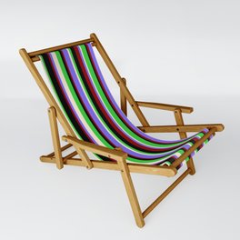 [ Thumbnail: Colorful Lime Green, Beige, Medium Slate Blue, Dark Red & Black Colored Stripes Pattern Sling Chair ]