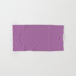 [ Thumbnail: Dark Orchid, Violet, and Green Colored Striped Pattern Hand & Bath Towel ]