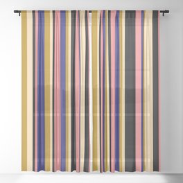 [ Thumbnail: Light Coral, Midnight Blue, Dark Goldenrod, Tan & Black Colored Lined Pattern Sheer Curtain ]