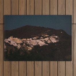 Santorini Cliff by Night | Fira and Oia White Buildings against the Evening Sky | Cliffs & Sea | Nature Travel & Landscape Photography Outdoor Rug