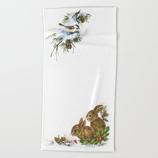 Winter in the forest- Animal Illustration Beach Towel