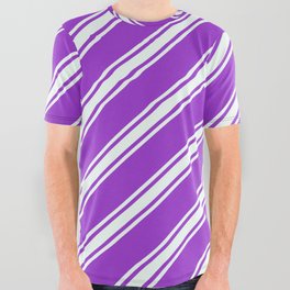 [ Thumbnail: Dark Orchid & Mint Cream Colored Pattern of Stripes All Over Graphic Tee ]