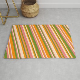 [ Thumbnail: Green, Dark Orange, Bisque, and Light Coral Colored Lines Pattern Rug ]