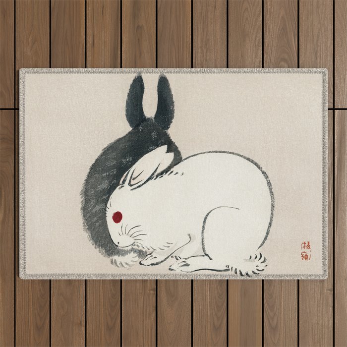 Cute Bunnies Rabbits Kono Bairei Vintage Japanese Painting Outdoor Rug