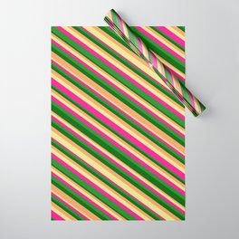 [ Thumbnail: Dark Green, Brown, Tan, Deep Pink, and Forest Green Colored Lines/Stripes Pattern Wrapping Paper ]
