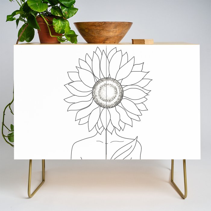 Minimalistic Line Art of Woman with Sunflower Credenza