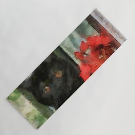 Black cat and red flower Yoga Mat