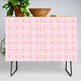 Bunnies, carrots & daisies ( Pastel pink Gingham) Credenza