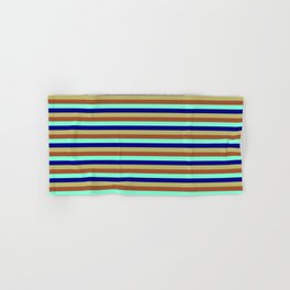 [ Thumbnail: Sienna, Aquamarine, Blue & Dark Khaki Colored Pattern of Stripes Hand & Bath Towel ]