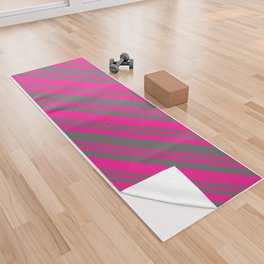 [ Thumbnail: Deep Pink & Dim Grey Colored Lined Pattern Yoga Towel ]