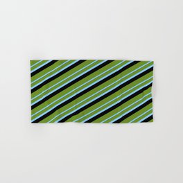 [ Thumbnail: Green, Light Sky Blue, and Black Colored Lined/Striped Pattern Hand & Bath Towel ]
