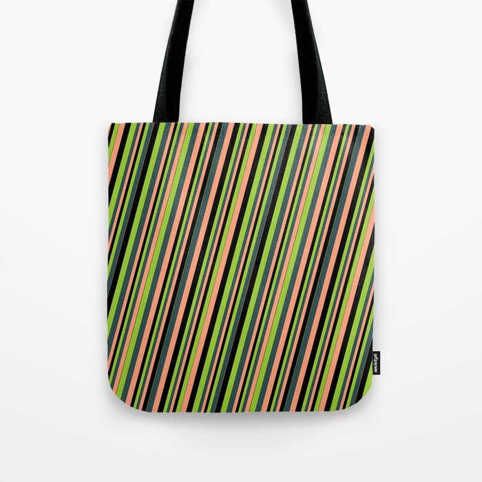 Green, Dark Slate Gray, Light Salmon & Black Colored Stripes Pattern Tote Bag