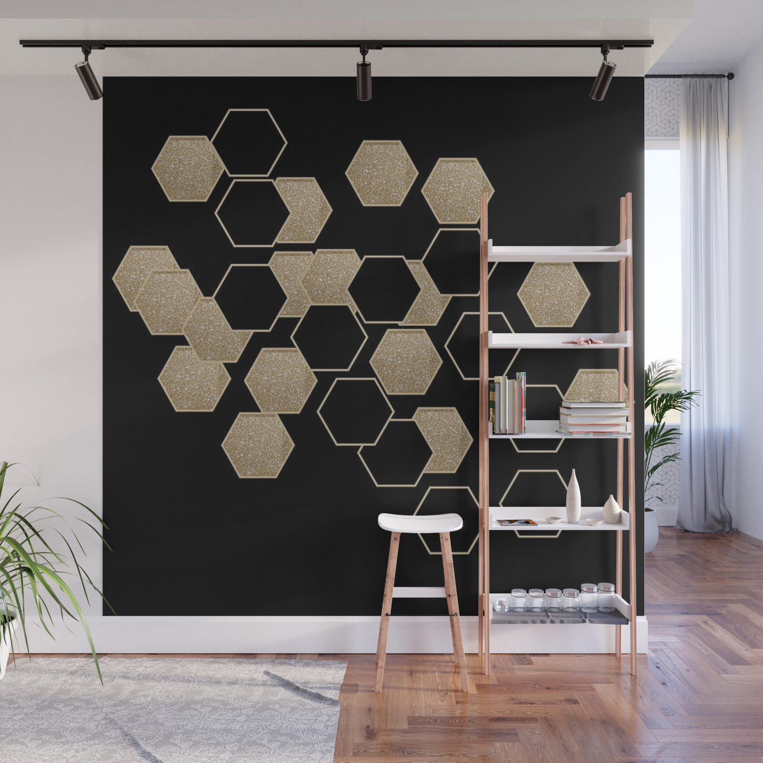 Contemporary Preppy Scandinavian Minimalist Black And Gold Hexagon