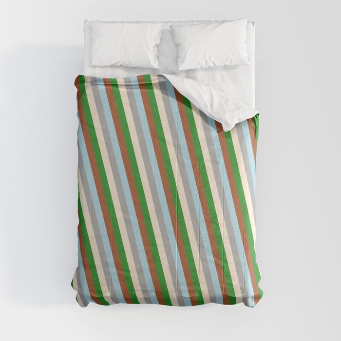 Eyecatching Dark Grey, Beige, Forest Green, Sienna, and Light Blue Colored Stripes/Lines Pattern Comforter
