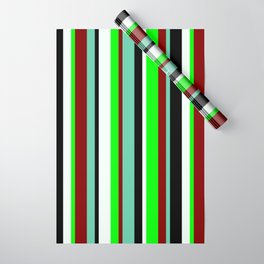 [ Thumbnail: Eyecatching Aquamarine, Maroon, Lime, Mint Cream & Black Colored Lined/Striped Pattern Wrapping Paper ]
