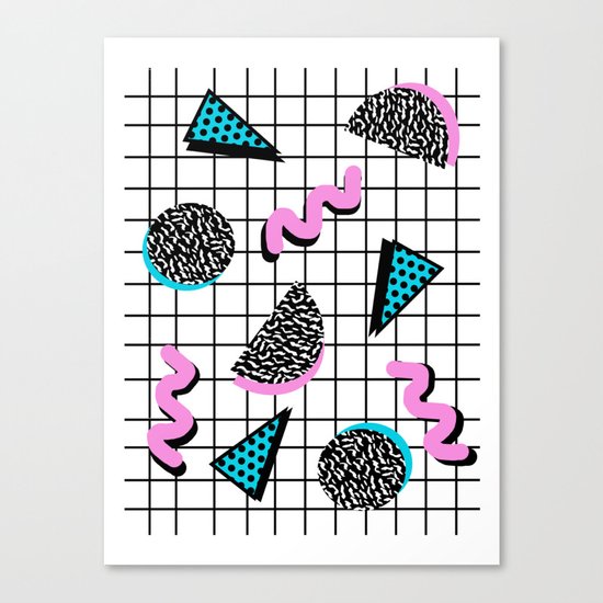 It's Casual - memphis throwback retro neon squiggle grid shapes geometric black and white modern art Canvas Print