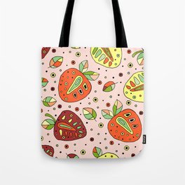 Seamless hand drawn childish pattern with fruits. Cute childlike strawberries with leaves Tote Bag