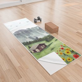 Green Nature Landscape With House And Mountain Watercolor Yoga Towel