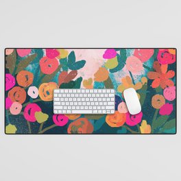 Abstract florals- pink and teal blue Desk Mat | Digital, Peach, Flowers, Vibrantflorals, Abstractflorals, Blooms, Painting, Abstractflowers, Pinkandteal, Green 