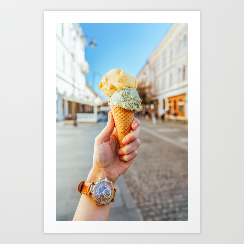 Download Woman Holding Ice Cream Green Pistachio And Yellow Melon Ice Cream Cone Travel Photo Art Print By Radub85 Society6 Yellowimages Mockups